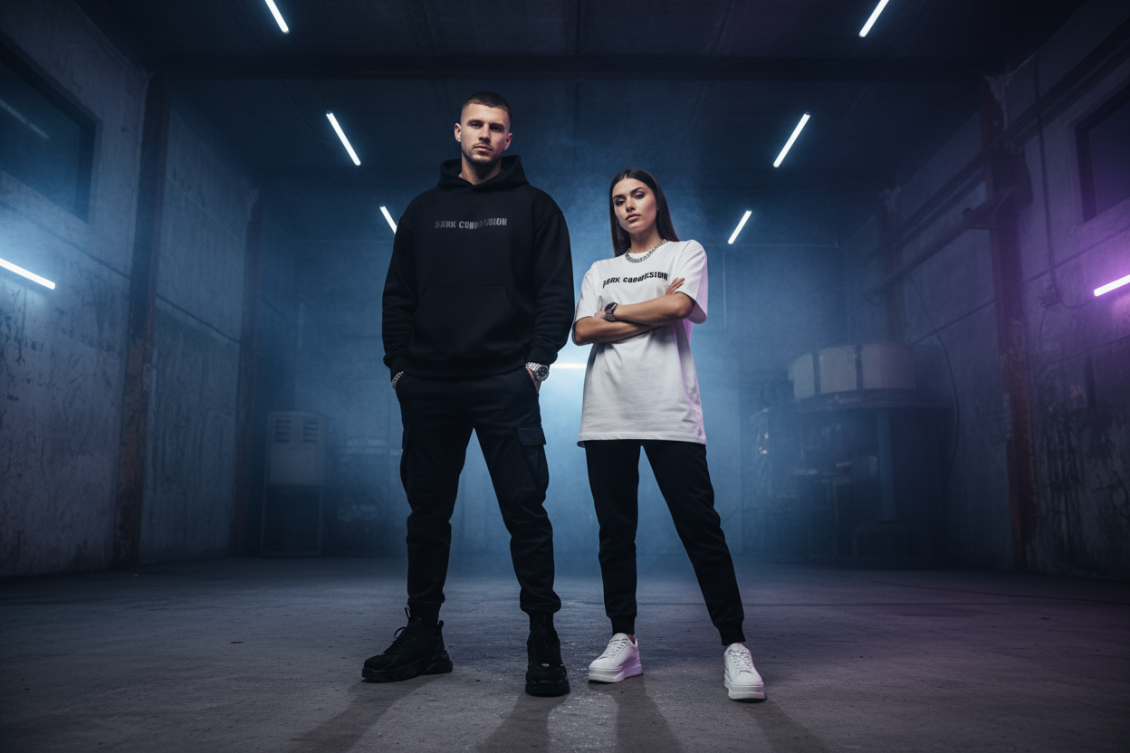 Design a dark, cinematic streetwear banner featuring a confident male and female model standing under moody lighting in an industrial setting concrete textures, subtle smoke, and neo accents highlighting the clothing. Both wear bold, minimalist black and also white outfit with the text on the cloth "DARK COMMISSION" subtly visible on the hoodie and tee. The atmosphere feels powerful, exclusive, and driven representing ambition, resilience, and modern luxury. 
